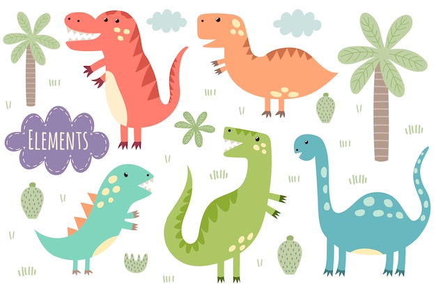 conjunto de lindos dinosaurios aislados. Dinos, palmeras, cactus, nubes, plantas.