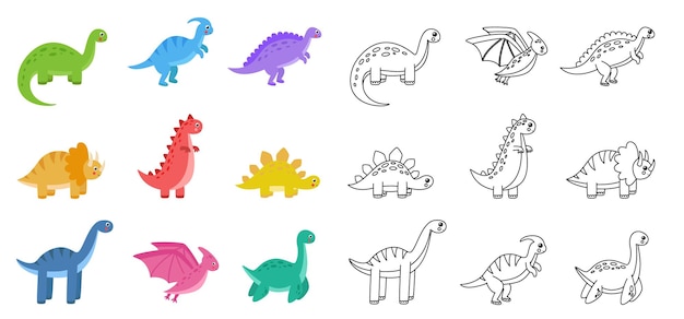 Conjunto de lindos dinosaurios de dibujos animados sobre fondo blanco Ilustraciones vectoriales