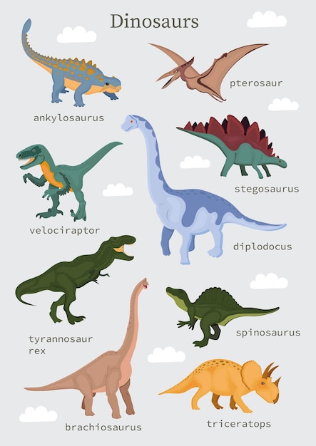 Conjunto de lindos dinosaurios para niños lindo cartel para la educación de  los niños con nombres de reptiles | Vector Premium