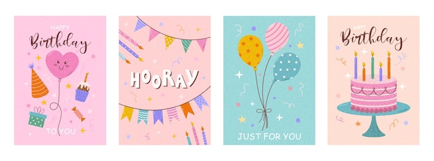 Conjunto de lindos diseños de tarjetas de cumpleaños con globos de pastel y decoraciones para fiestas plantillas vectoriales geniales