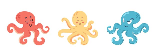 Conjunto de lindos y divertidos pulpos coloridos Vida marina Conjunto de dibujos animados vectoriales de invertebrados oceánicos animales marinos kraken con ventosas en las manos Ilustración en estilo plano Aventuras piratas