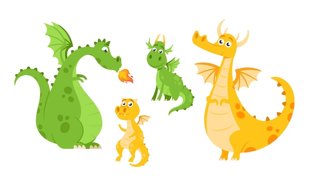 Conjunto de lindos dragones con piel verde y amarilla Mitología de cuento de hadas Anfibios y reptiles con alas que escupen fuego