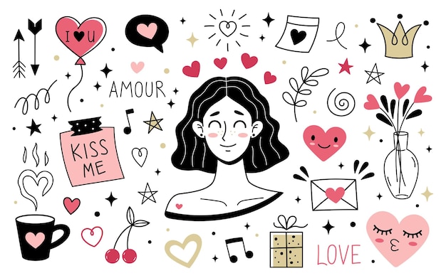 Conjunto de lindos elementos de amor Estilo Doodle Ilustraciones vectoriales simples dibujadas a mano Colección de amor Personaje femenino enamorarse