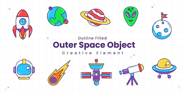 Conjunto de lindos elementos del espacio exterior Colección de estilos coloreados