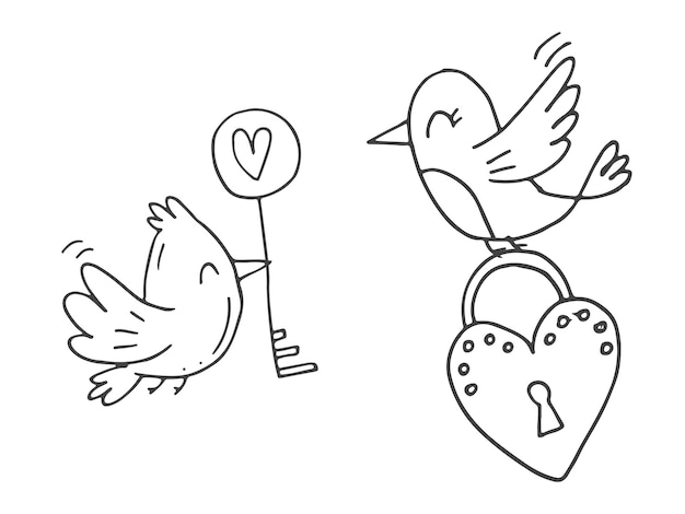 Conjunto de lindos elementos de garabatos dibujados a mano sobre el amor Pegatinas de mensajes para aplicaciones Iconos para eventos románticos y bodas del Día de San Valentín Dos pájaros con un candado y una llave en forma de corazón