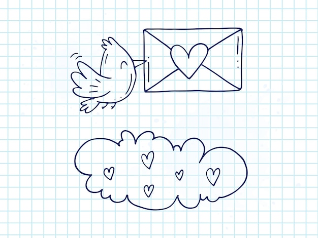 Conjunto de lindos elementos de garabatos dibujados a mano sobre el amor pegatinas de mensajes para aplicaciones iconos para eventos románticos del día de san valentín y bodas cuaderno a cuadros un pájaro con sobre y carta de amor en la nube