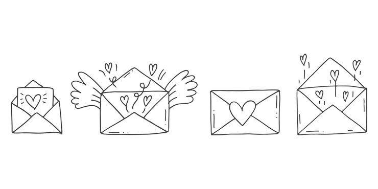 Conjunto de lindos elementos de garabatos dibujados a mano sobre pegatinas de mensajes de amor para aplicaciones Iconos para eventos románticos del Día de San Valentín y sobres de boda con cartas de amor y corazones con alas