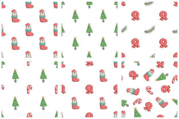 Conjunto de lindos elementos navideños en patrones sin fisuras Pino pingüino de dibujo a mano