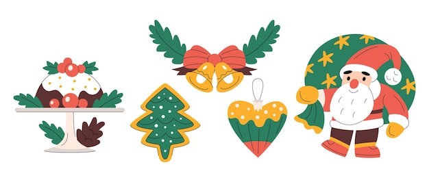 Vector conjunto de lindos elementos navideños santa claus navidad pudín campanas ornamento en forma de corazón y pan de jengibre