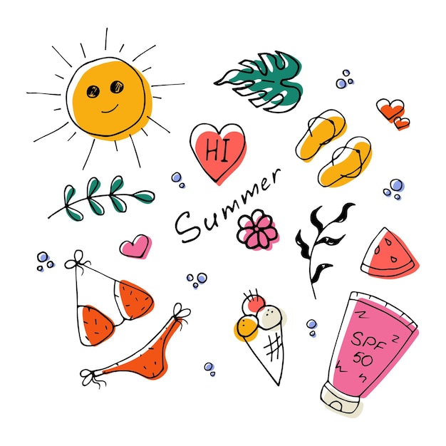 Vector un conjunto de lindos elementos de verano caligrafía solar flores tropicales pizarras helado traje de baño corazón sandía rebanada