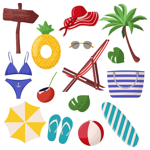 Conjunto de lindos elementos de verano tabla de surf bolsa de cóctel sombrero palmera bikini chanclas sombrilla de playa