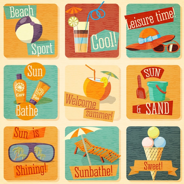 Conjunto de lindos emblemas de verano brillante con elementos tipográficos. vector.