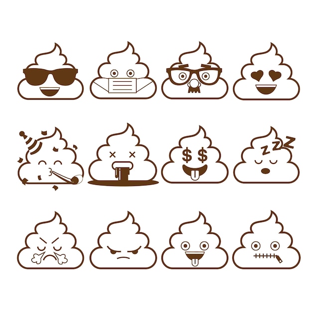 Conjunto de lindos emoticonos de caca emoji esquema diseño vector ilustración