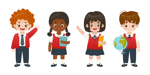 Conjunto de lindos escolares en uniforme Felices estudiantes diversos de dibujos animados Colección de alumnos adorables