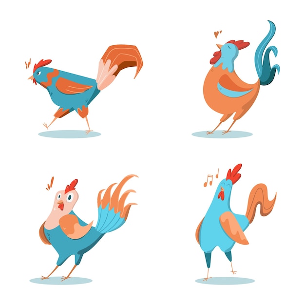 Un conjunto de lindos gallos en estilo de dibujos animados ilustración vectorial aislada de gallo