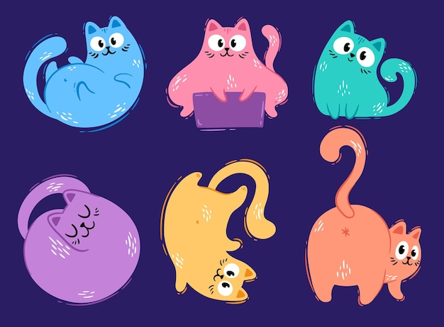 Un conjunto de lindos gatos blancos de dibujos animados mascota feliz