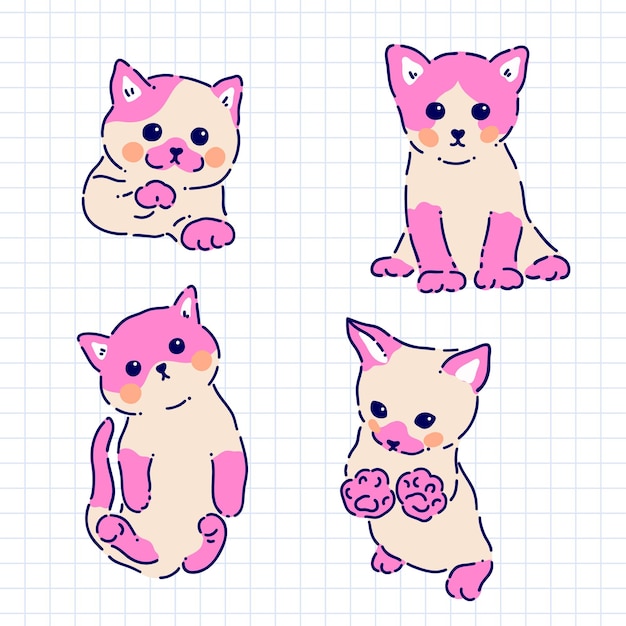Conjunto de lindos gatos de dibujos animados Ilustración de vector dibujado a mano en hoja de papel
