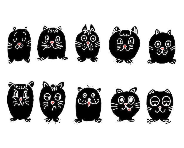 conjunto de lindos gatos negros dibujados a mano con diferentes emociones