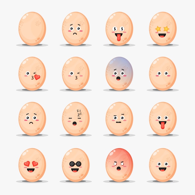 Conjunto de lindos huevos de gallina con emoticonos