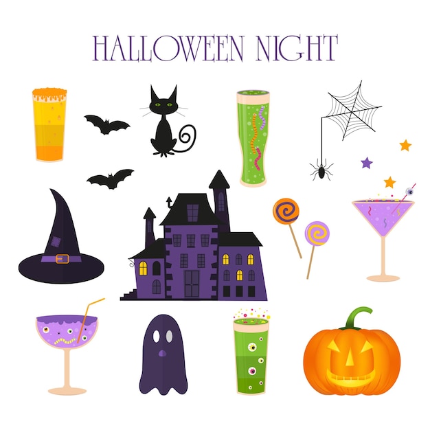 Conjunto de lindos iconos vectoriales de halloween de castillo de calabaza gato fantasma caramelo murciélago sombrero cócteles elementos objetos para tarjeta de vacaciones invitación de vacaciones y diseño de fiesta