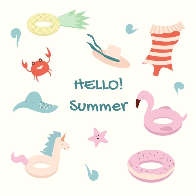 Conjunto de lindos iconos de verano anillo de goma bolsas de playa traje de baño sombreros comida bebidas hojas de palma Colección de elementos de scrapbooking para fiesta en la playa