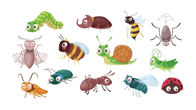 Vector conjunto de lindos insectos divertidos con caras felices