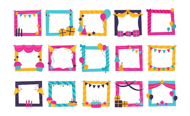 Conjunto de lindos marcos de fiesta de cumpleaños ilustración vectorial en estilo plano