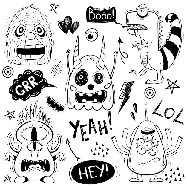 Conjunto de lindos monstruos divertidos doodle de miedo