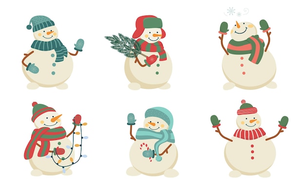 Conjunto de lindos muñecos de nieve de Navidad en sombreros y bufandas Colección de personajes divertidos Ilustración de vector plano aislado