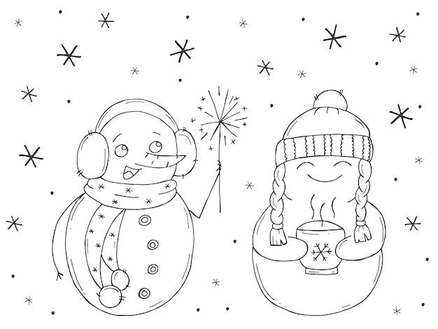 Conjunto de lindos muñecos de nieve sobre un fondo blanco Ilustración vectorial en estilo garabato Estado de ánimo de invierno Hola 2023 Feliz Navidad y Feliz Año Nuevo