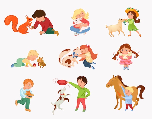 Vector conjunto de lindos niños juegan con diferentes animales domésticos o salvajes.