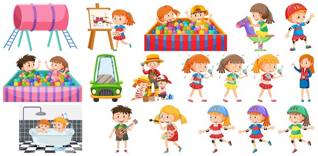 Conjunto de lindos niños y objetos.