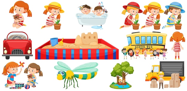 Conjunto de lindos niños y objetos.