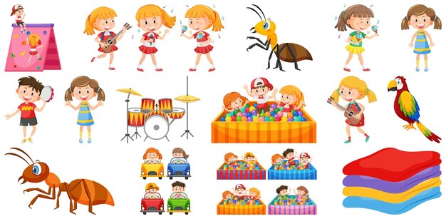 Conjunto de lindos niños y objetos.