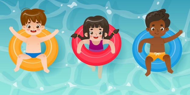 Conjunto de lindos niños de verano con anillo inflable Niños felices de dibujos animados nadando en la piscina