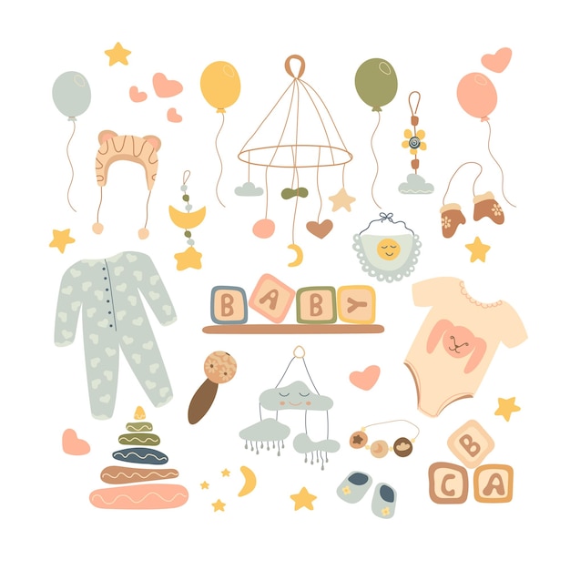 Conjunto de lindos objetos de bebé boho en estilo escandinavo. Dibujos animados doodle niños clipart para baby shower