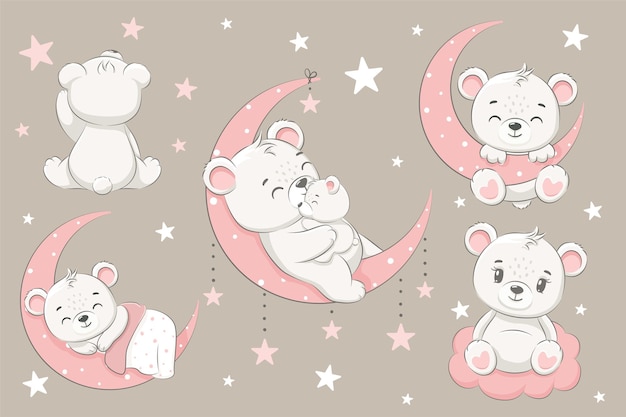 Vector conjunto de lindos osos, durmiendo en la luna, soñando y volando en un sueño sobre las nubes. ilustración vectorial de dibujos animados.