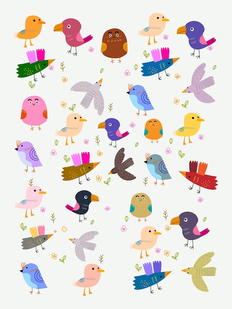 Conjunto de lindos pájaros de dibujos animados y flores florales e ilustración vectorial de la naturaleza Animales bebés coloridos
