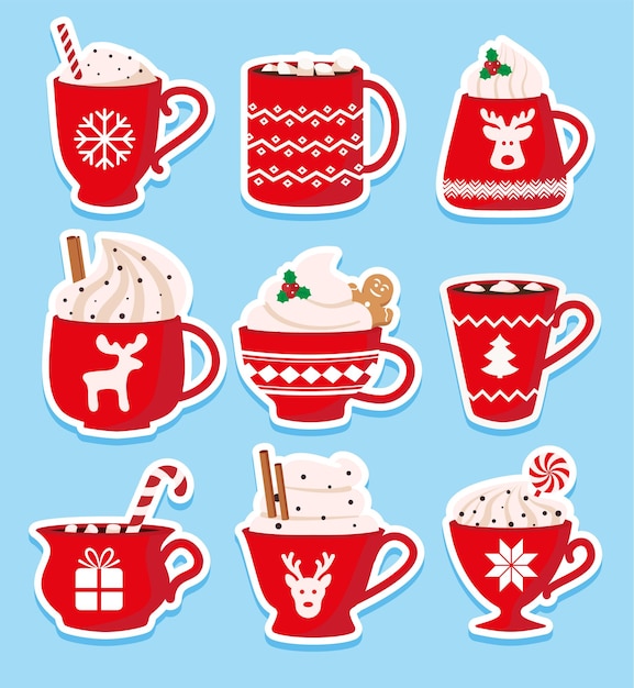 Conjunto de lindos palitos de bebidas calientes de Navidad. Ilustración vectorial.