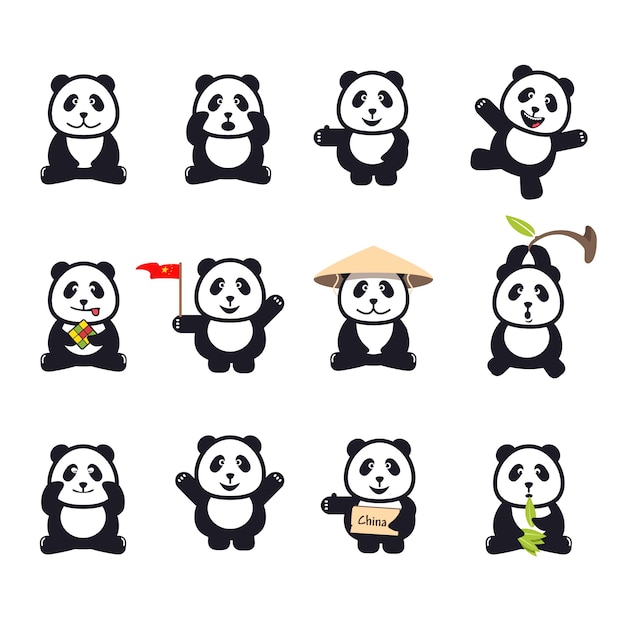 conjunto de lindos pandas divertidos dibujos animados