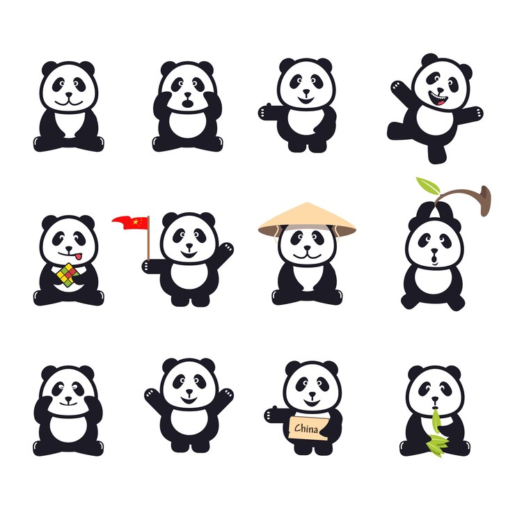 Vector conjunto de lindos pandas divertidos dibujos animados