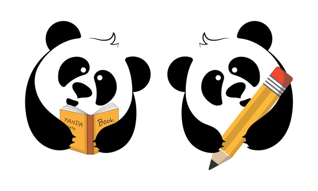 Conjunto de lindos pandas con un libro y un lápiz.