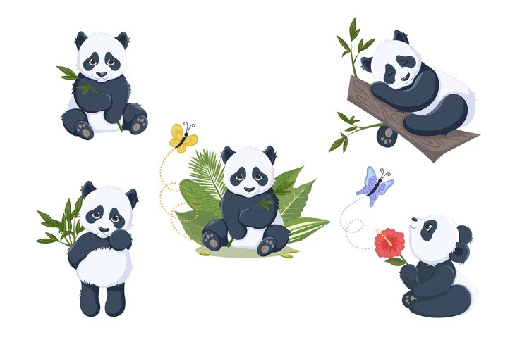 Un conjunto de lindos pandas, con mariposas, en una rama, con bambú y flores. Ilustración de vector para niños con un bebé panda. EPS10.