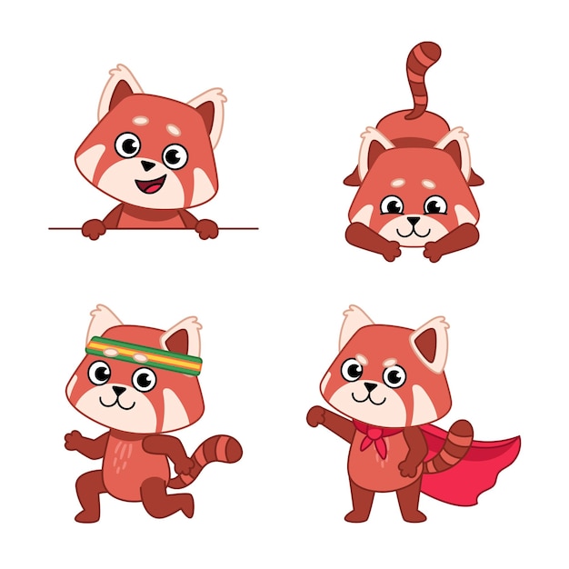 Vector conjunto de lindos pandas rojos dibujados a mano asomándose jugando trotar con capa roja