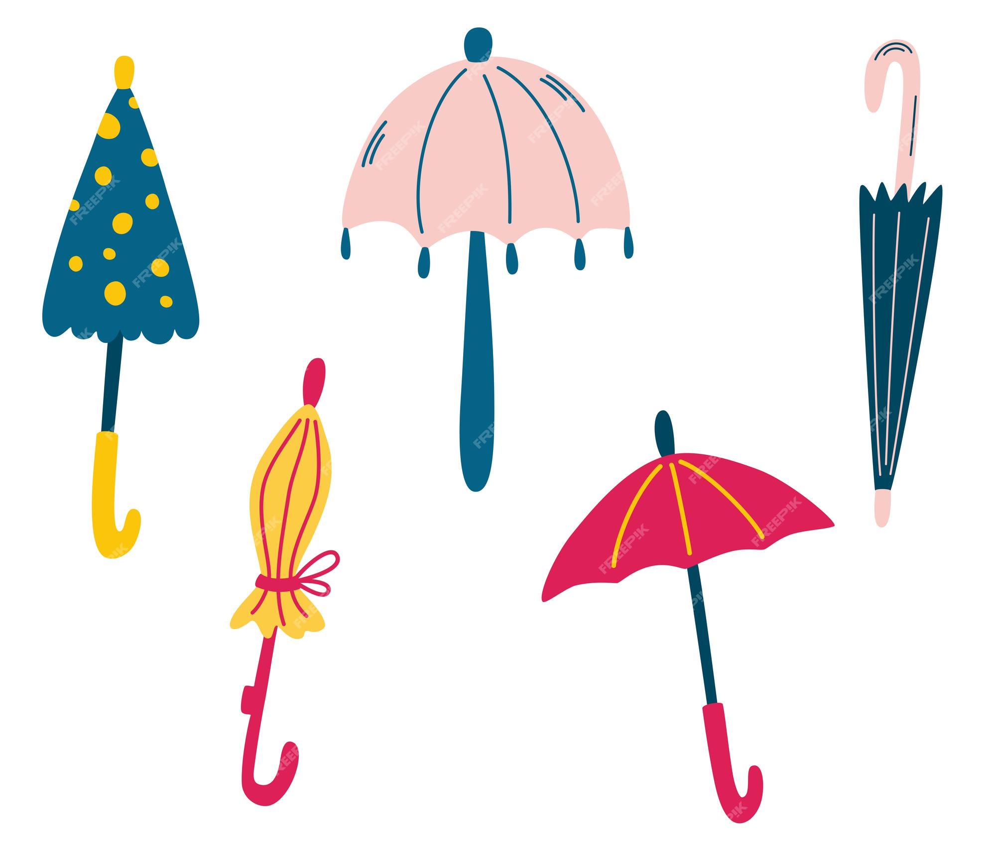 Conjunto de lindos paraguas. clima lluvioso. otoño con estilo. diferentes divertidos paraguas cerrados abiertos. | Vector Premium