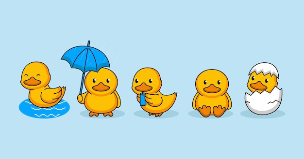 Conjunto de lindos patos bebé, sentarse, huevo, llover, nadar