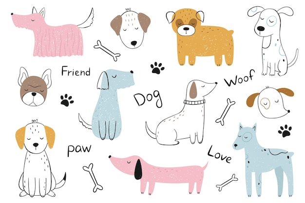 Un conjunto de lindos perros dibujados a mano. Animales coloridos de dibujos animados y frases escritas a mano. ilustración vectorial