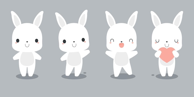 Conjunto de lindos personajes de dibujos animados de conejo blanco ilustración de vector plano