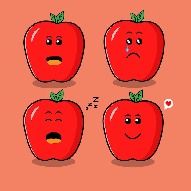 Conjunto de lindos personajes de dibujos animados de garabatos de frutas de manzana con cuatro expresiones