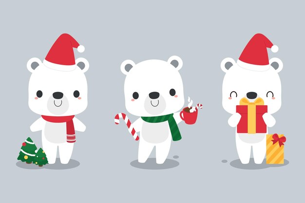 Vector conjunto de lindos personajes de dibujos animados de osos polares con gorro de papá noel y bufanda concepto festivo de navidad